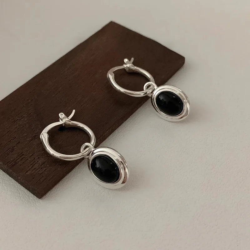 925 Sterling Silver Vintage Gold Round Earrings For Women Black Ball Earring Jewelry Prevent Allergy Party Accessories Gift
