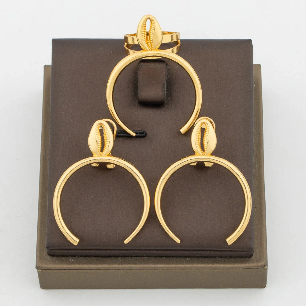 Gold Plated Earrings and Ring Jewelry Set for Ladies Exquisite Hook Earring Finger Ring Daily Wear for Party Anniversary Gifts