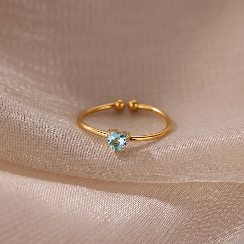 Stainless Steel Birthstone Open Rings for Women Fashion 12-color Crystal Zircon Heart Ring Birthday Aesthetic Jewelry Gift