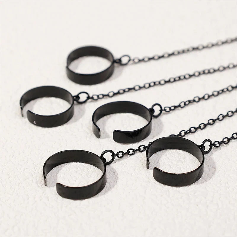 Punk Geometric Black Color Chain Wrist Bracelet Ring For Women Men Open Ring Silver Link Chain Girls Cool Design Fashion Jewelry