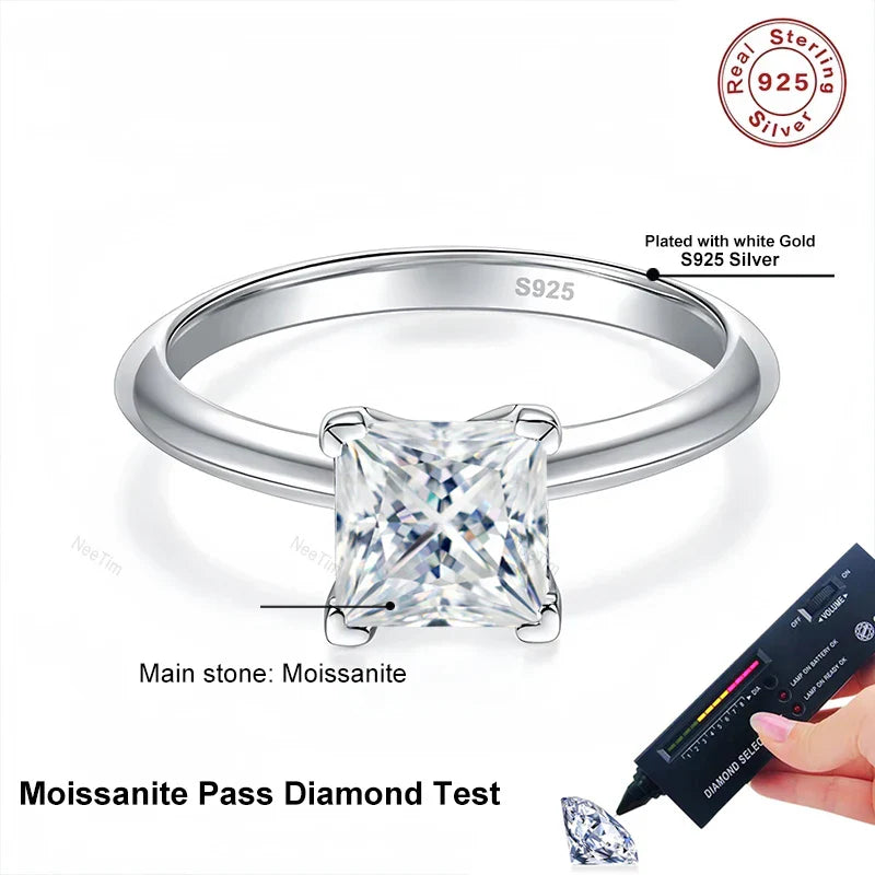 NeeTim 2ct VVS1 Princess Cut Moissanite Diamond Ring for Women S925 Sterling Silver Eternity Band Wedding Party Fine Jewelry