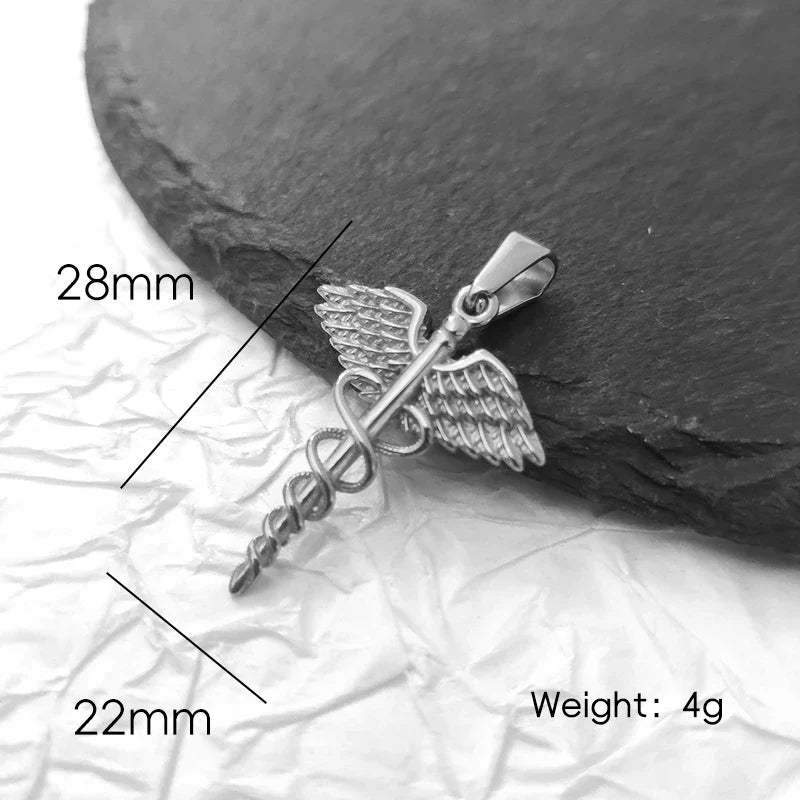 18K Gold Plated Stainless Steel Angel Wing Serpent Necklace - Greek Caduceus Pendant, Doctor/Nurse Charm Jewelry