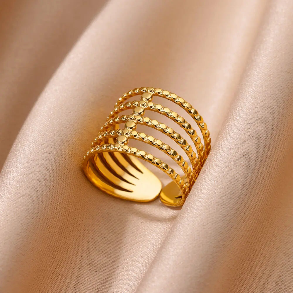 Stainless Steel Flower Rings for Women Gold Color Shell Starfish Multi Layer Hollow Out Ring Fashion Charm Jewelry Wedding Gifts