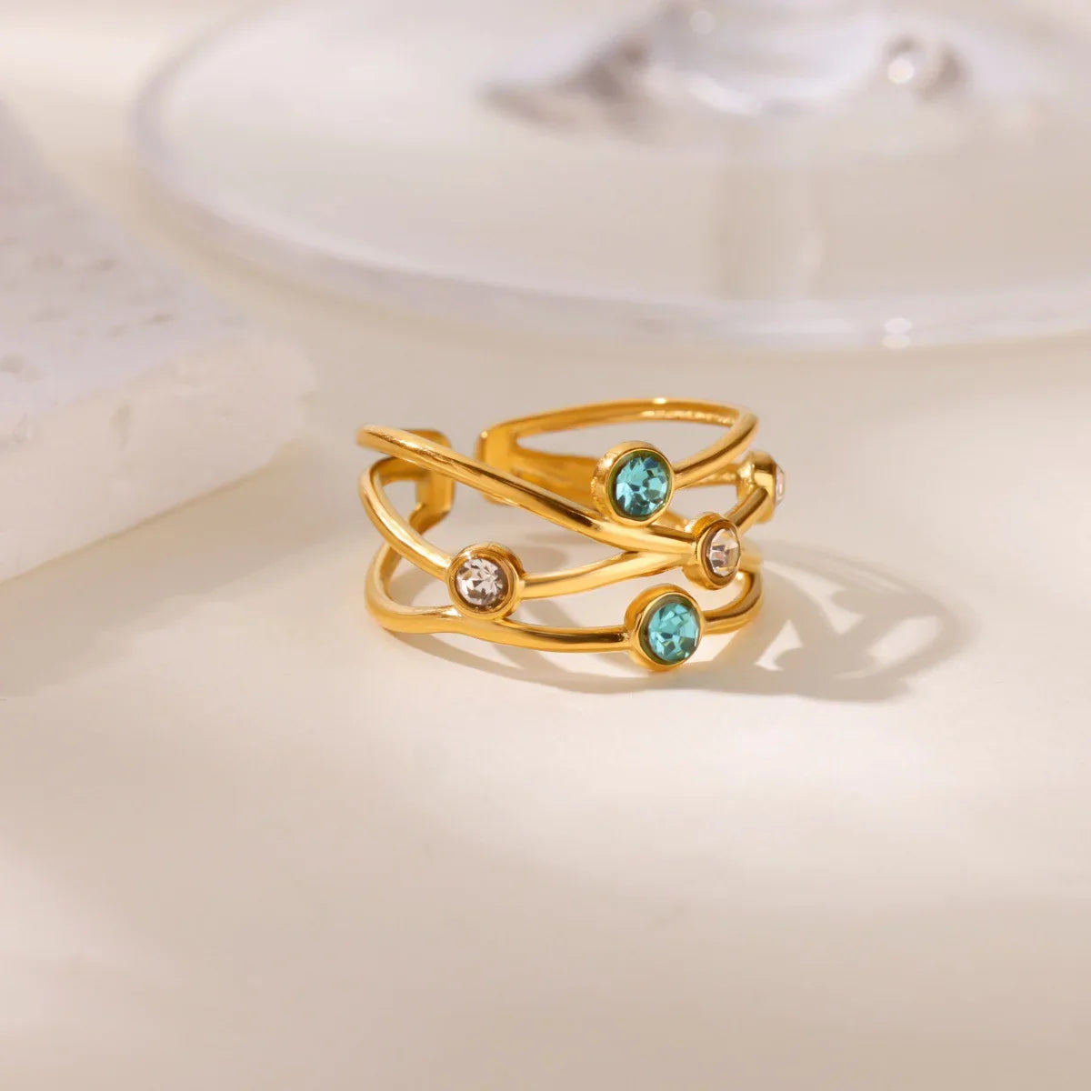 Vintage Green Stone Open Stainless Steel Rings For Women Fashion Gold Color Flower Zircon Ring Jewelry Aesthetic Anillos Gift