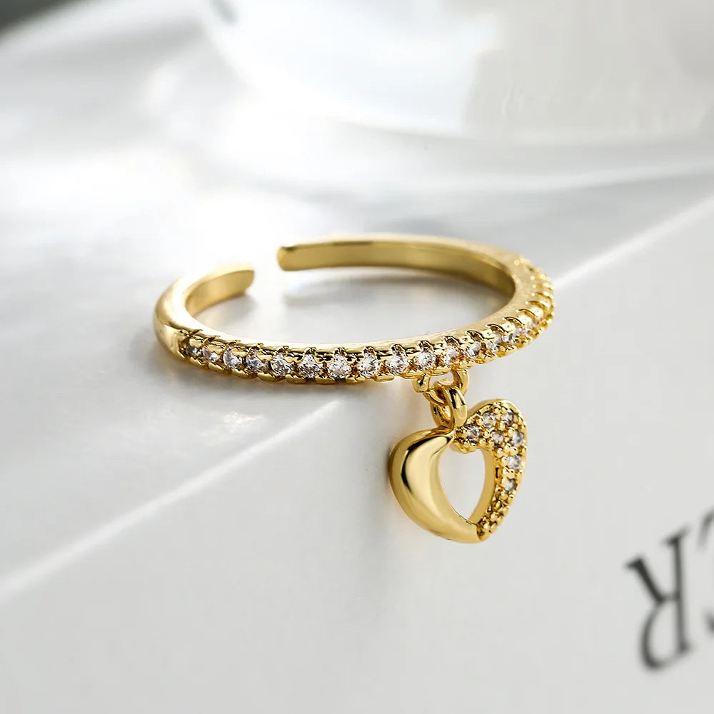 NEWBUY Fashion Colourful Cubic Zirconia Pave Setting Wedding Jewelry 2024 Trendy Gold Color Heart Charm Finger Ring For Women