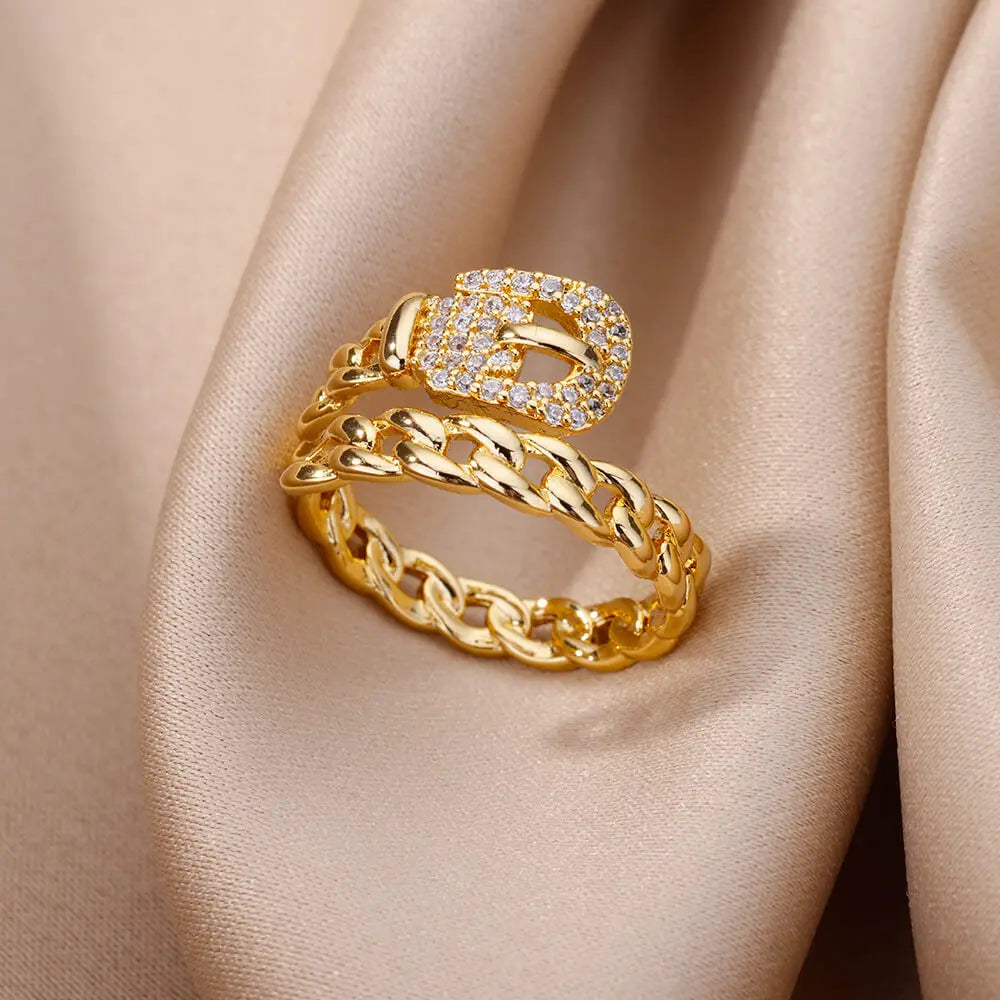 Zircon Chain Cross Rings For Women Vintage Gold Color Stainless Steel Geometric Open Ring Fashion Wedding Aesthetic Jewelry Gift