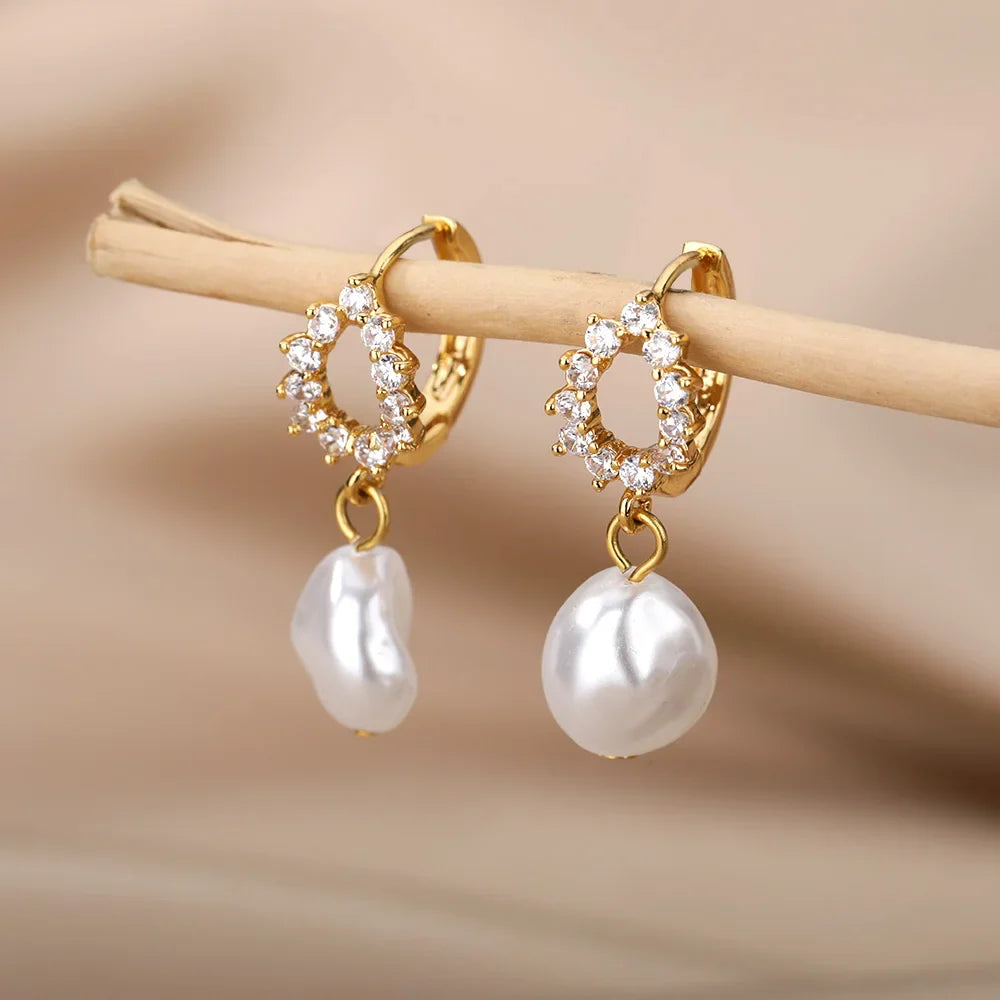 Fashion Circle Imitation Pearl Drop Earrings for Women Gold Color Stainless Steel Round Geometric Hoop Earring Wedding Jewelry