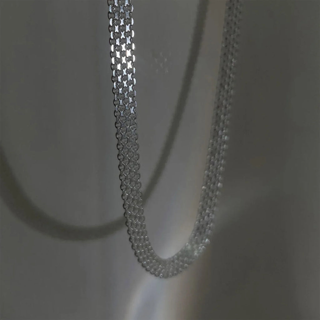 S925Silver European and American simple and unique woven hollow wide necklace ins trend mesh collarbone chain