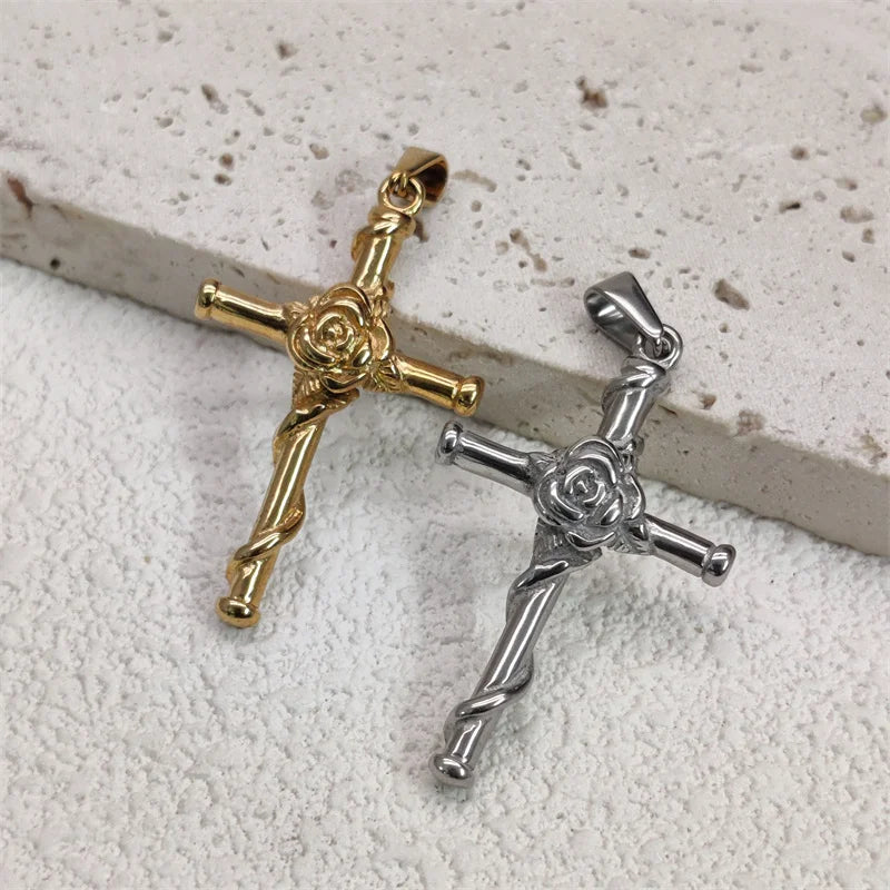 Trendy Rose Cross Design 18K Gold Plated Stainless Steel Pendants For Woman Man