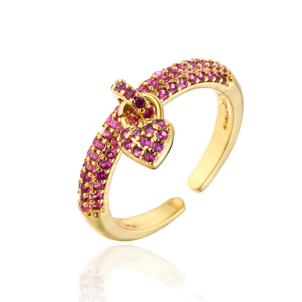 NEWBUY Fashion Colourful Cubic Zirconia Pave Setting Wedding Jewelry 2024 Trendy Gold Color Heart Charm Finger Ring For Women