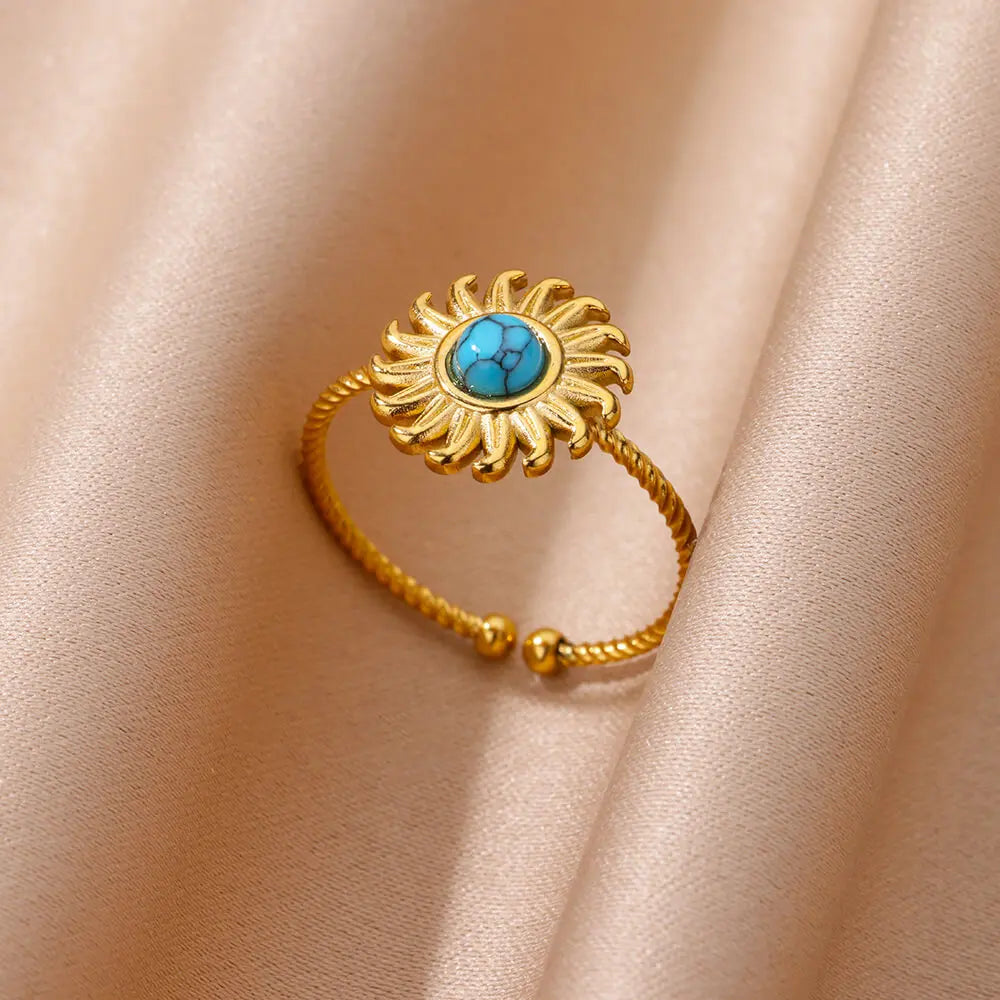 Stainless Steel Smooth Double Ball Beads Rings For Woman Vintage Opal Natural Stone Ring Fashion Gold Color Aesthetic Jewelry