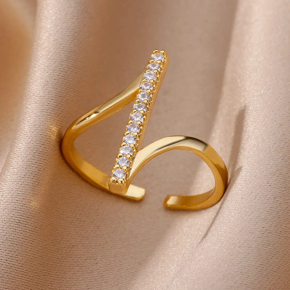 Zircon Chain Cross Rings For Women Vintage Gold Color Stainless Steel Geometric Open Ring Fashion Wedding Aesthetic Jewelry Gift