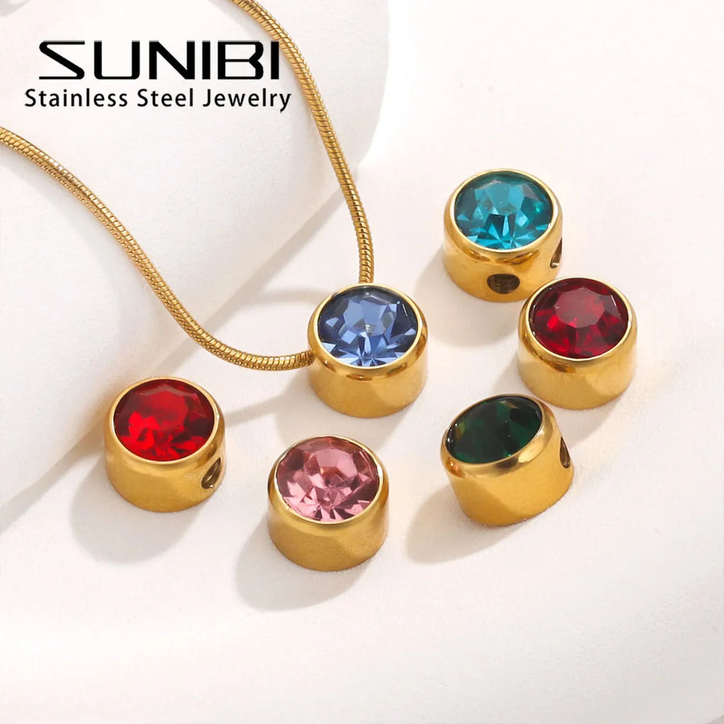 SUNIBI Stainless Steel Charm Crystal Necklace Pendant Birthstone Charms For Jewelry Making Women Earrings DIY Accessories