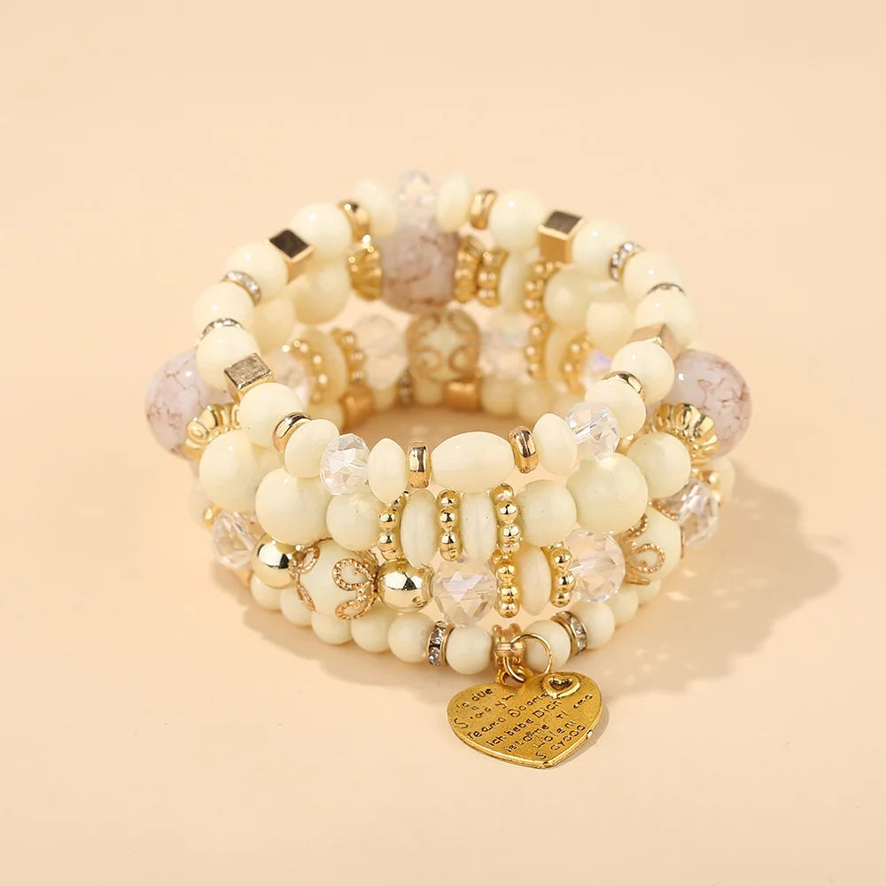4Pcs/set Boho Ethnic Heart Beaded Bracelet Set For Women Handmade Crystal Beads Chain Bangle Female Bohemia Jewelry Gift