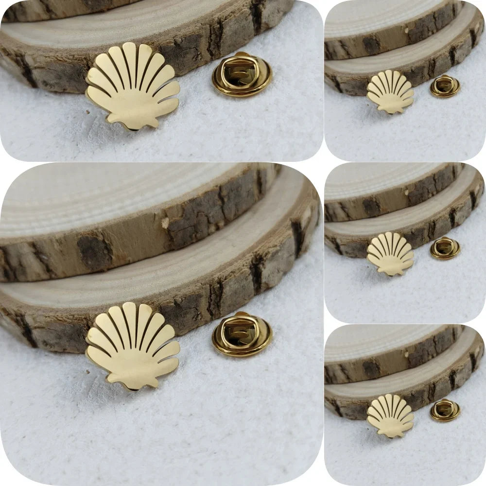 New shell fan-shaped men's lapel pin, stainless steel gold-plated badge, black brooch for suit accessories, gift for father