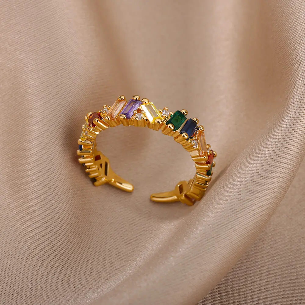 Colorful Zircon Round Stone Rings For Women Stainless Steel Gold Color Finger Ring  Wedding Aesthetic Jewelry Gift bijoux femme