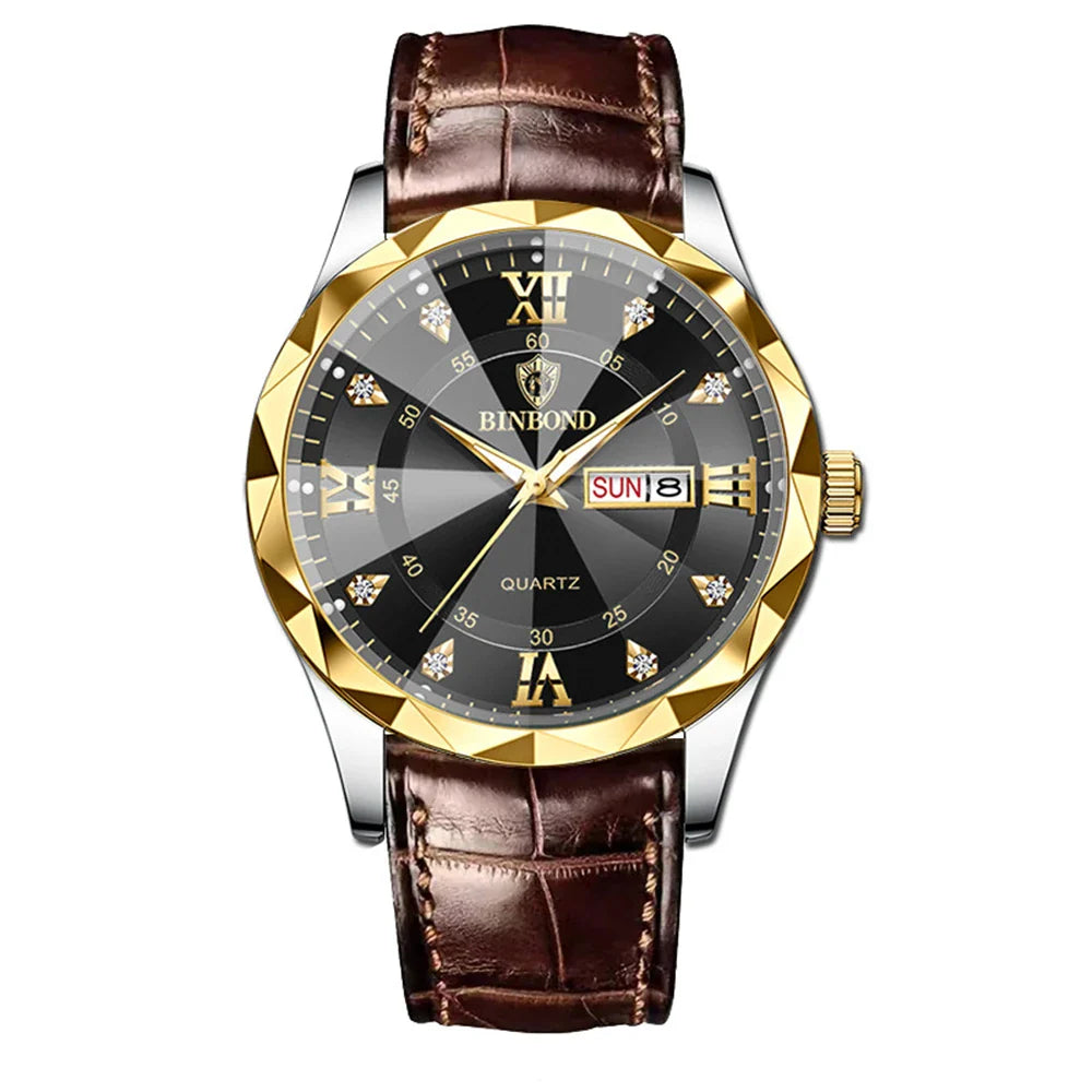 New Gold Business Leather Casual Diamond Clock Men Luxury Watch Automatic Watches Mens Fashion Quartz Wristwatches Orologi Uomo