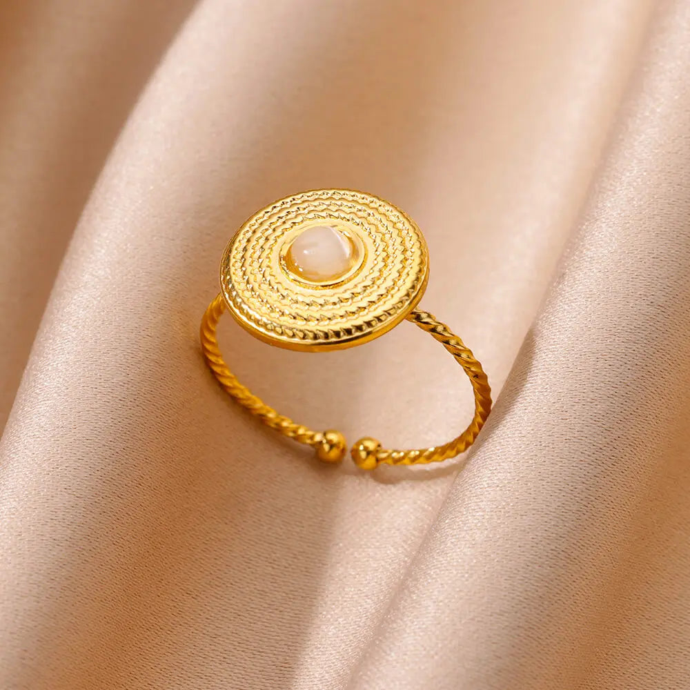 Gold Color Stainless Steel Shell Rings For Women Vintage Oval Blue Stone Adjustable Ring Fashion Party Jewelry Anniversary Gift