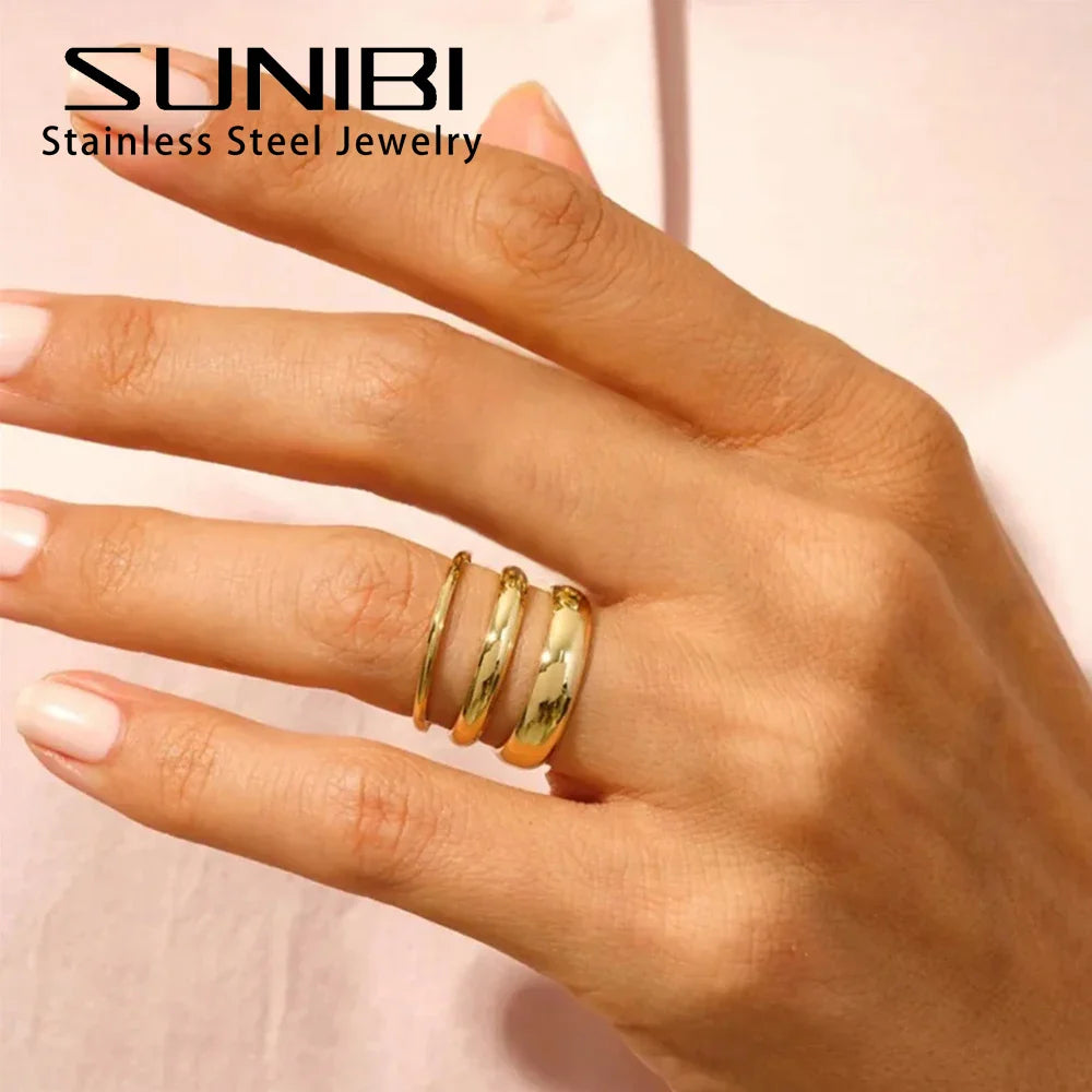 SUNIBI Minimalist Women's Stainless Steel Rings Thin Classic Combo Dome Stacking Steel Wedding Rings Gift Gold Color Jewelry