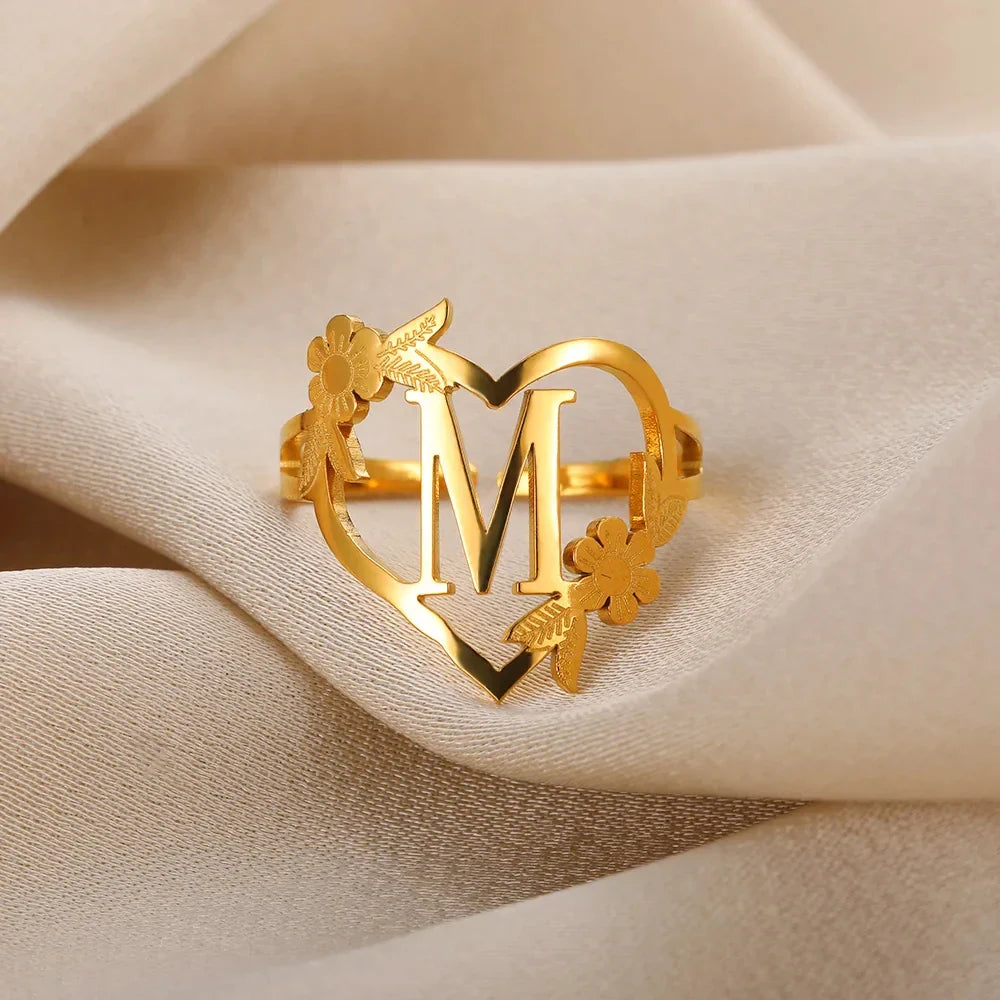 Stainless Steel Initials Letter Heart Rings for Women Girls Gold Color Flower Alphabet Ring Fashion Valentine's Day Jewelry Gift