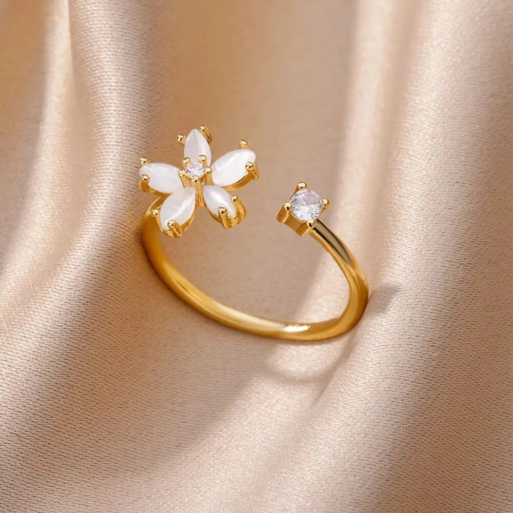 Colored Zircon Double Flower Rings For Women Gold Plated Stainless Steel Flower Opening Ring Wedding Aesthetic Jewelry Gift 2023