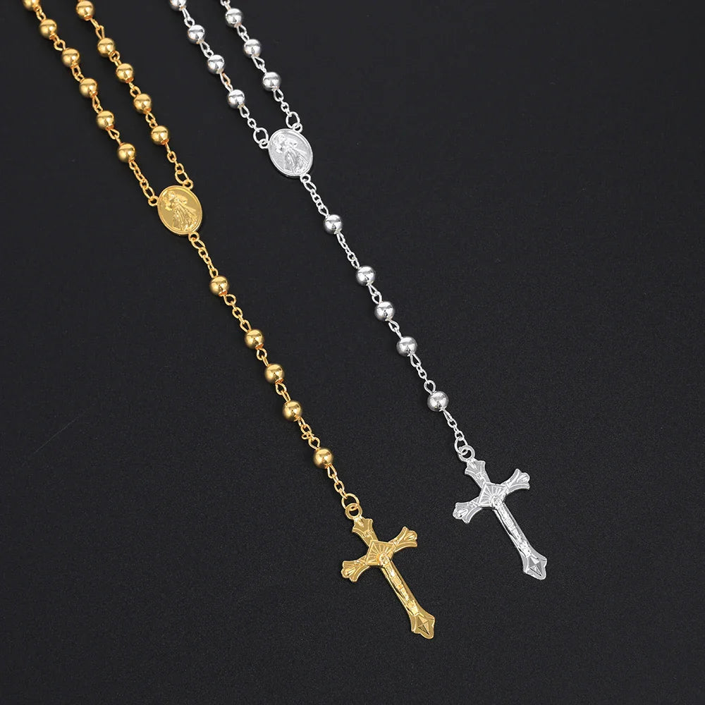 Gold Color Rosary Necklace For Women Men Long 6MM Beads Chain Crucifix Cross Pendant Religious Prayer Party Jewelry Gift