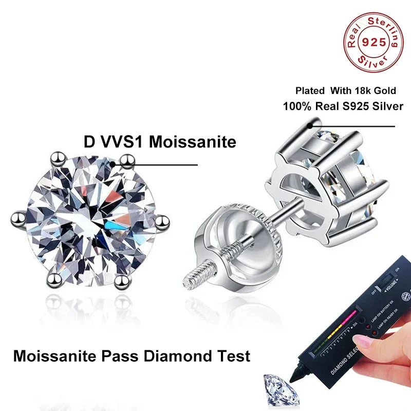 NeeTim 1ct 2ct Moissanite Earrings For Women Men Lab Diamond White Gold Plated 925 Sterling Silver Stud Earring Luxury Jewelry