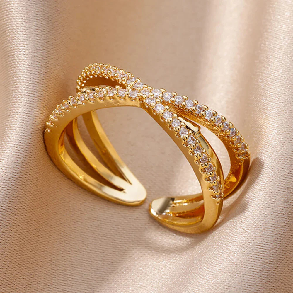 Zircon Chain Cross Rings For Women Vintage Gold Color Stainless Steel Geometric Open Ring Fashion Wedding Aesthetic Jewelry Gift