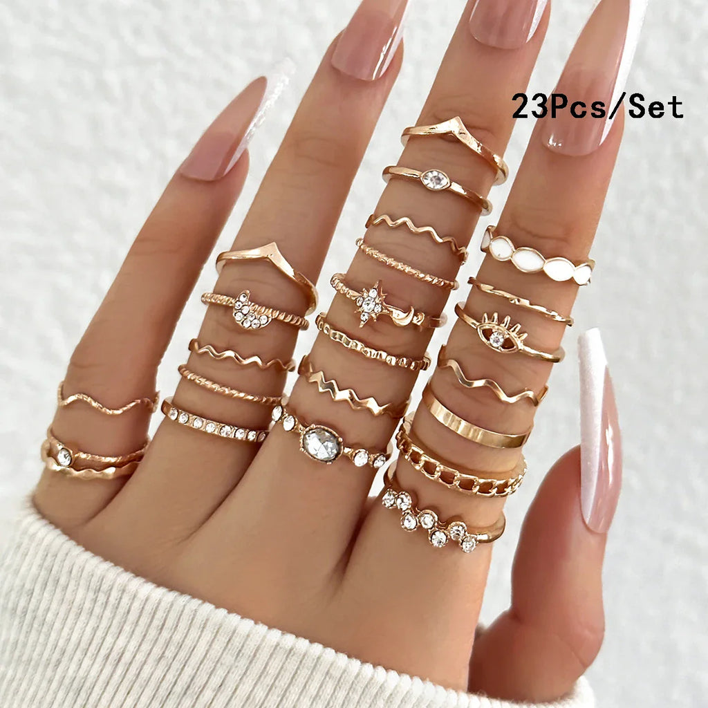 23Pcs Fashion Knuckle Rings Set For Women Crystal Star Moon Eye Wave Gold Silver Color Rings Female Trendy Party Jewelry Gift