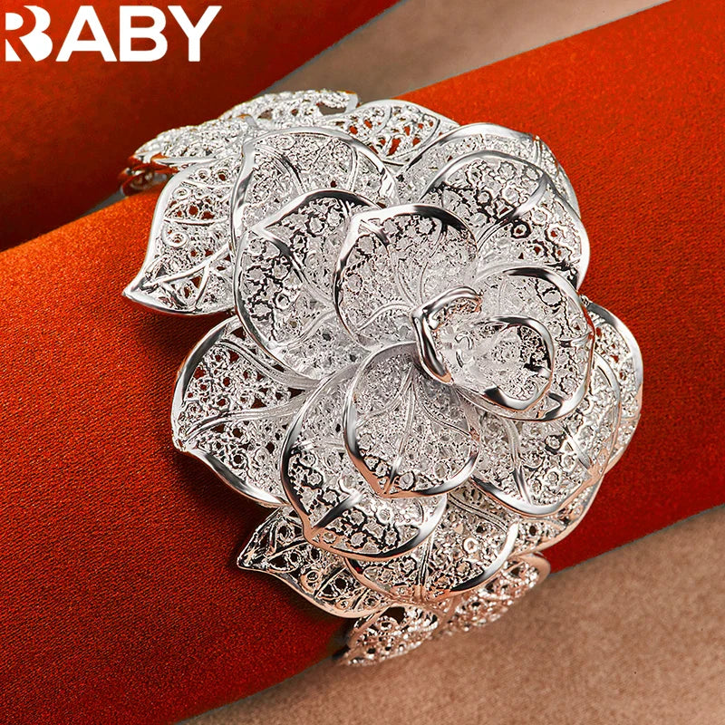 925 Sterling Silver Exquisite Pretty Camellia Flower Bracelet Bangles For Woman Charm Jewelry Wedding Engagement Fashion Party