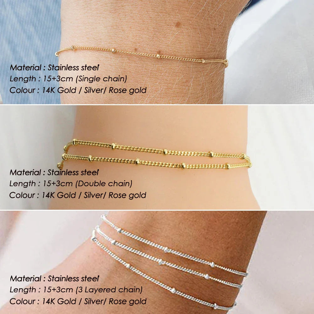 Simple Female Ball Chain Bracelet Jewelry New Layered Thin Beads Chain Bracelet For Women Leg 316L Stainless Steel Chain