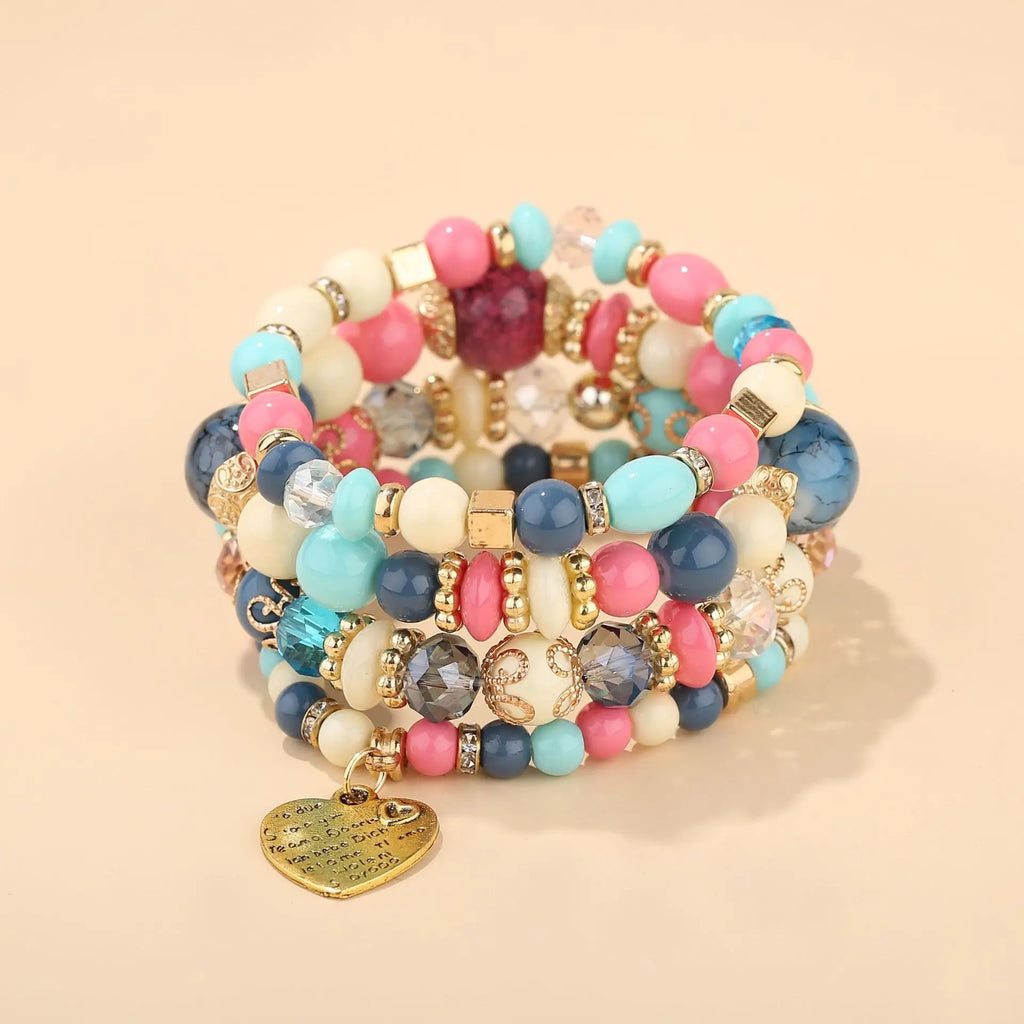 4Pcs Boho Crystal Beads Chain Bracelet Set For Women Vintage Heart Charm Elastic Bangle Female Fashion Party Jewelry
