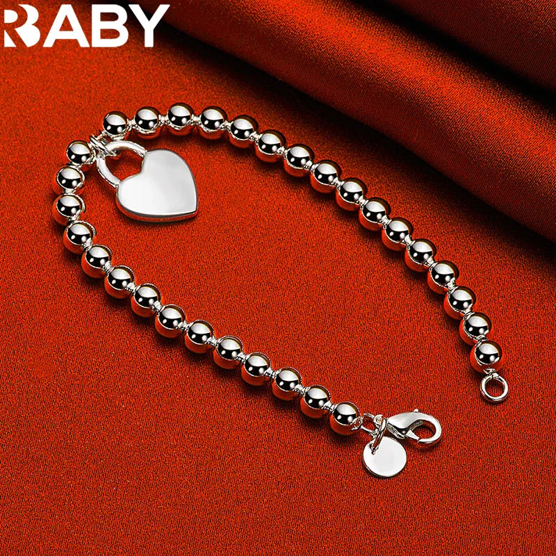 URBABY 925 Sterling Silver Smooth Beads Chain Heart Pendant Bracelet For Woman Wedding Party Fashion Jewelry Gift