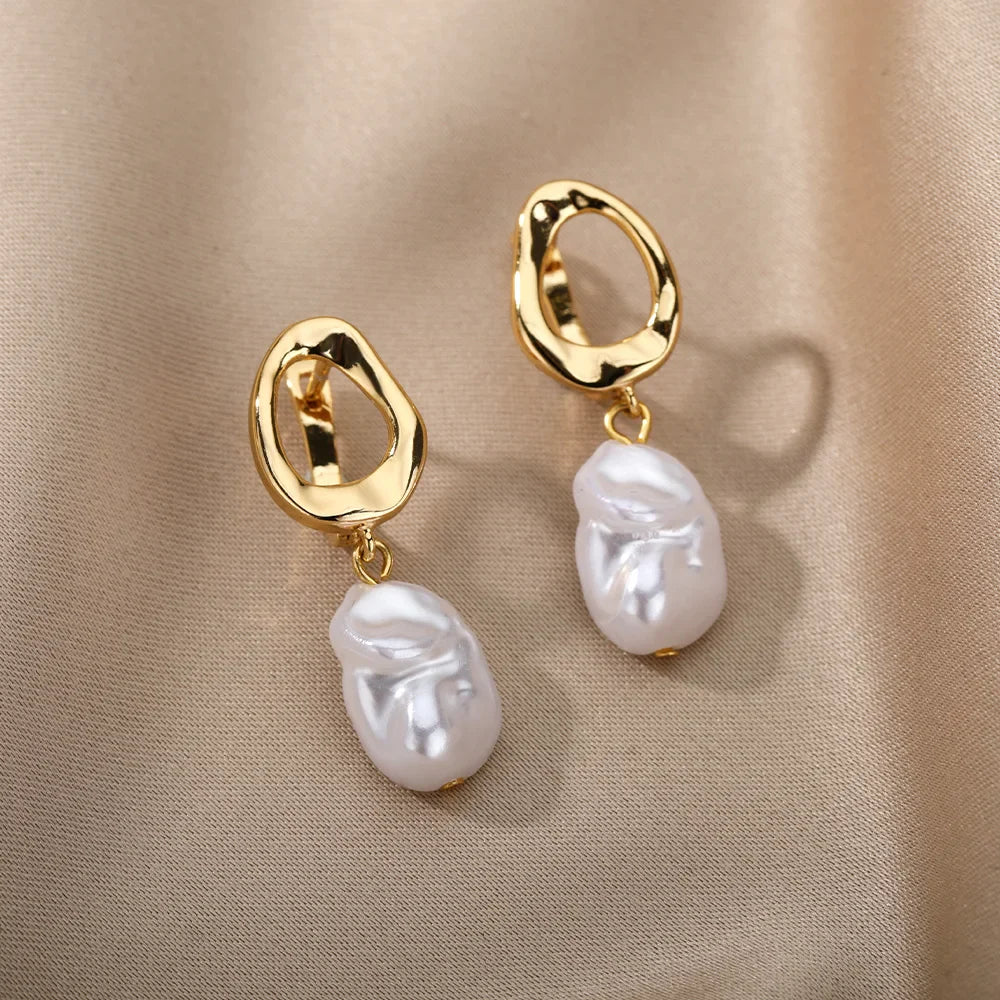 Fashion Circle Imitation Pearl Drop Earrings for Women Gold Color Stainless Steel Round Geometric Hoop Earring Wedding Jewelry