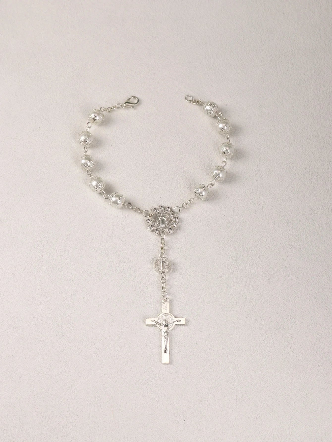 One Decade Auto Rosary Beads Catholic Bracelet Saint Benedict Crucifix Divine Mercy Gift for Women Men