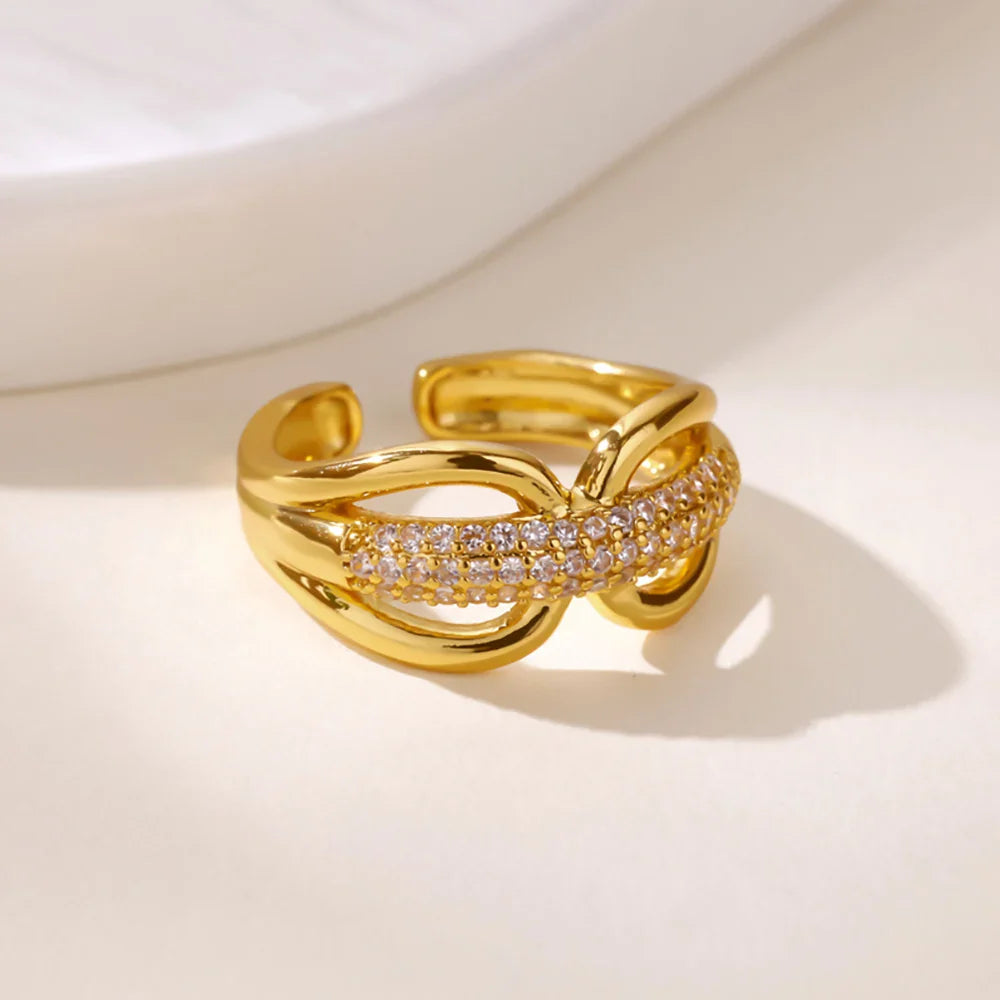 Zircon Chain Cross Rings For Women Vintage Gold Color Stainless Steel Geometric Open Ring Fashion Wedding Aesthetic Jewelry Gift