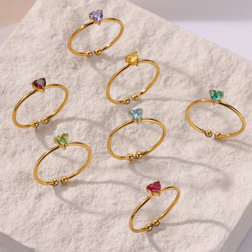 Stainless Steel Birthstone Open Rings for Women Fashion 12-color Crystal Zircon Heart Ring Birthday Aesthetic Jewelry Gift