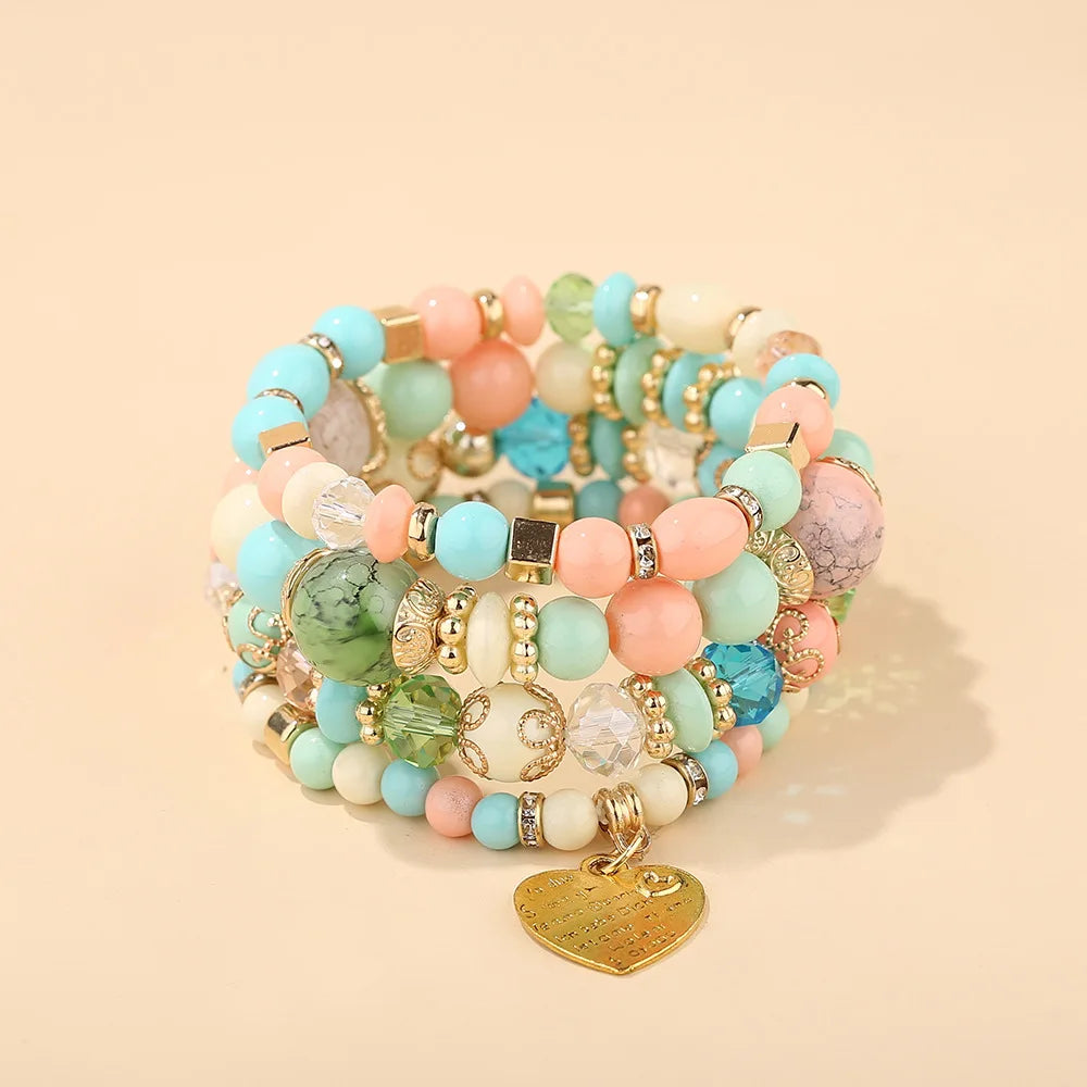 4Pcs/set Boho Ethnic Heart Beaded Bracelet Set For Women Handmade Crystal Beads Chain Bangle Female Bohemia Jewelry Gift