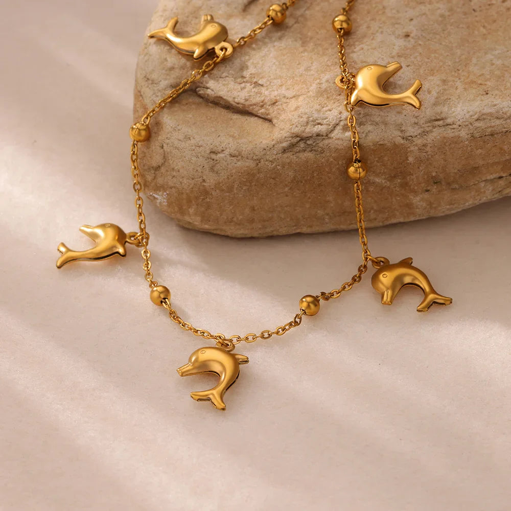 Summer Beach Stainless Steel Gold Color Chain Anklet For Women Starfish Shell Dolphin Fish Charm Ankle Bracelet Jewelry Gift