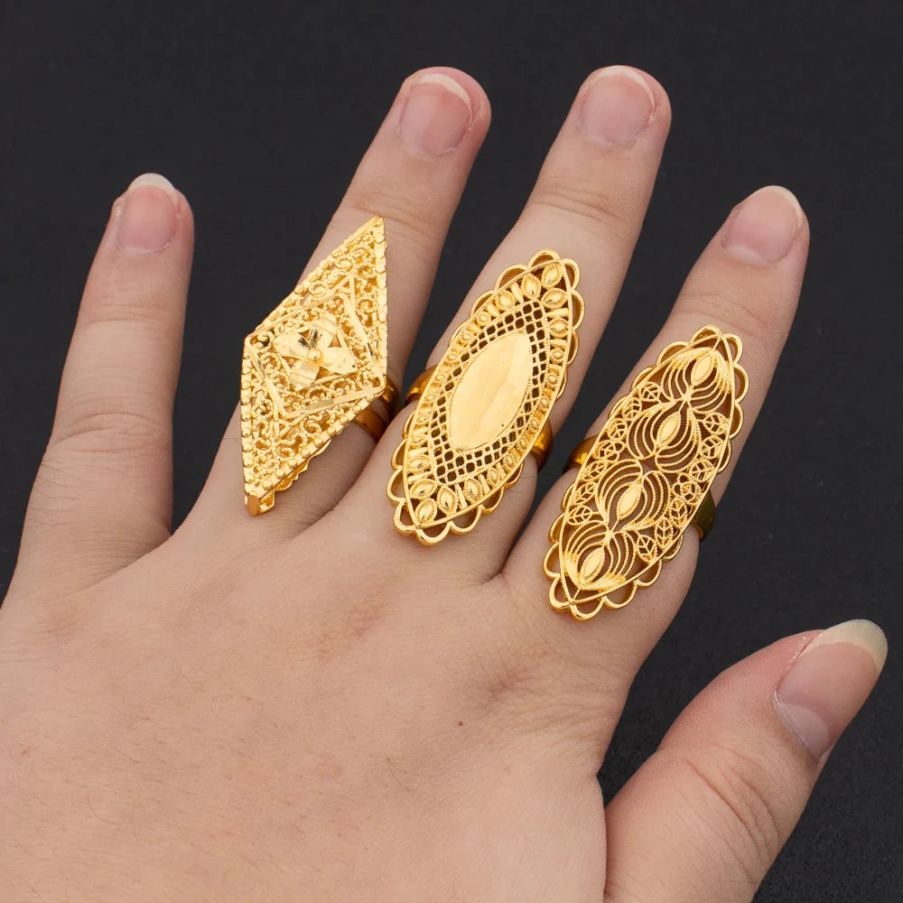 Luxury 18K Gold Plated Rings Copper Party Women Adjustable Long Rings Fashion Wedding Bride Round Opening Lady Finger Ring Gift