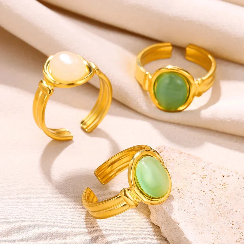 Vintage Oval Opal Rings For Women Gold Color Stainless Steel Adjustable Natural Stone Adjustable Ring Aesthetic Weeding Jewelry