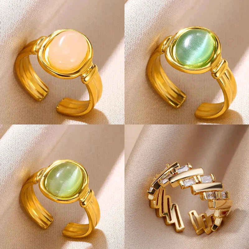 Vintage Oval Opal Rings For Women Gold Color Stainless Steel Adjustable Natural Stone Adjustable Ring Aesthetic Weeding Jewelry