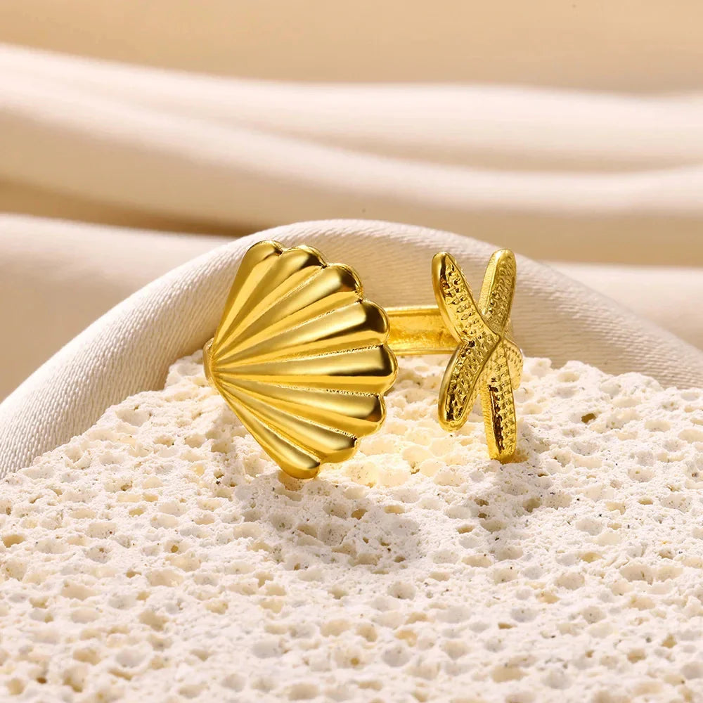 Vintage Shell Starfish Rings For Women Gold Color Stainless Steel Shell Ocean Openning Ring Wedding Summer Jewelry Gift