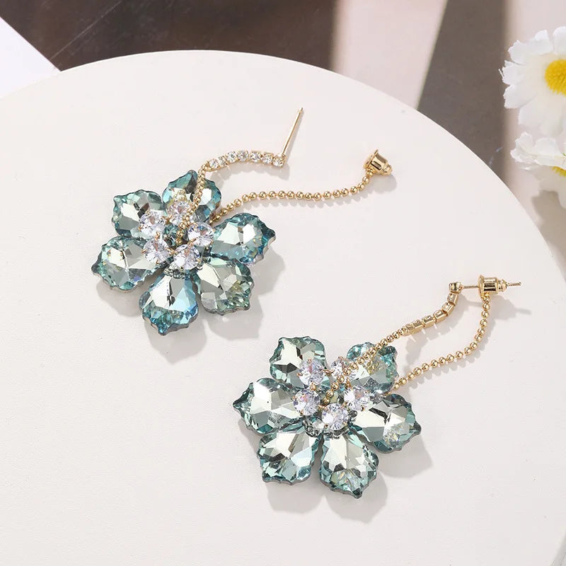 2025 New Colorful Purple Crystal Flower Dangle Drop Earrings for Women Trend Korea Fashion Luxury Wedding Party Banquet Jewelry