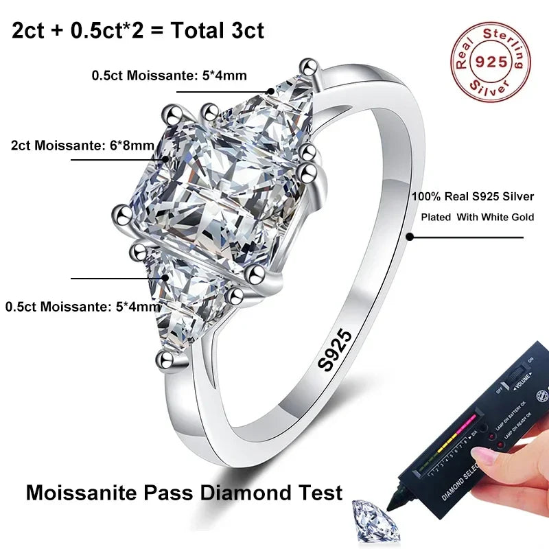 NeeTim Emerald Cut 3ct Full Moissante Wedding Rings for Women Lab Grown Diamond Promise Band Plated Platinum Marriage Rings