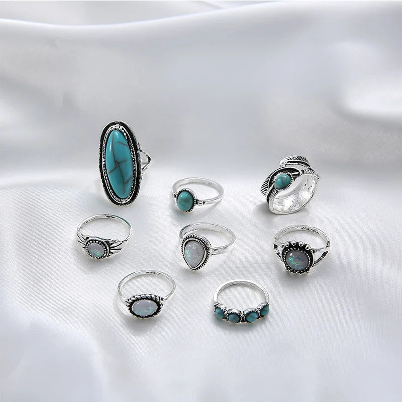 8Pcs/Set Rings Set Fashion Casual New Retro Set With Turquoise Carved Feather Ring Set High-grade Jewelry