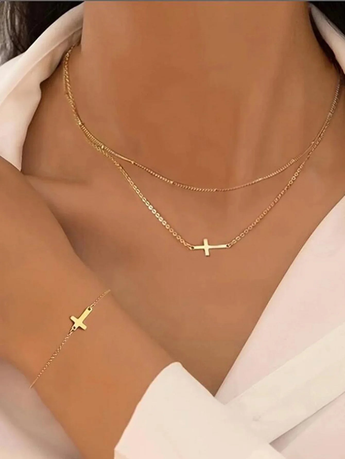 Vintage Gold Color Metal Cross Pendant Necklace Bracelet Jewelry Set for Women Simple Minimalist Match Daily Wear Accessories