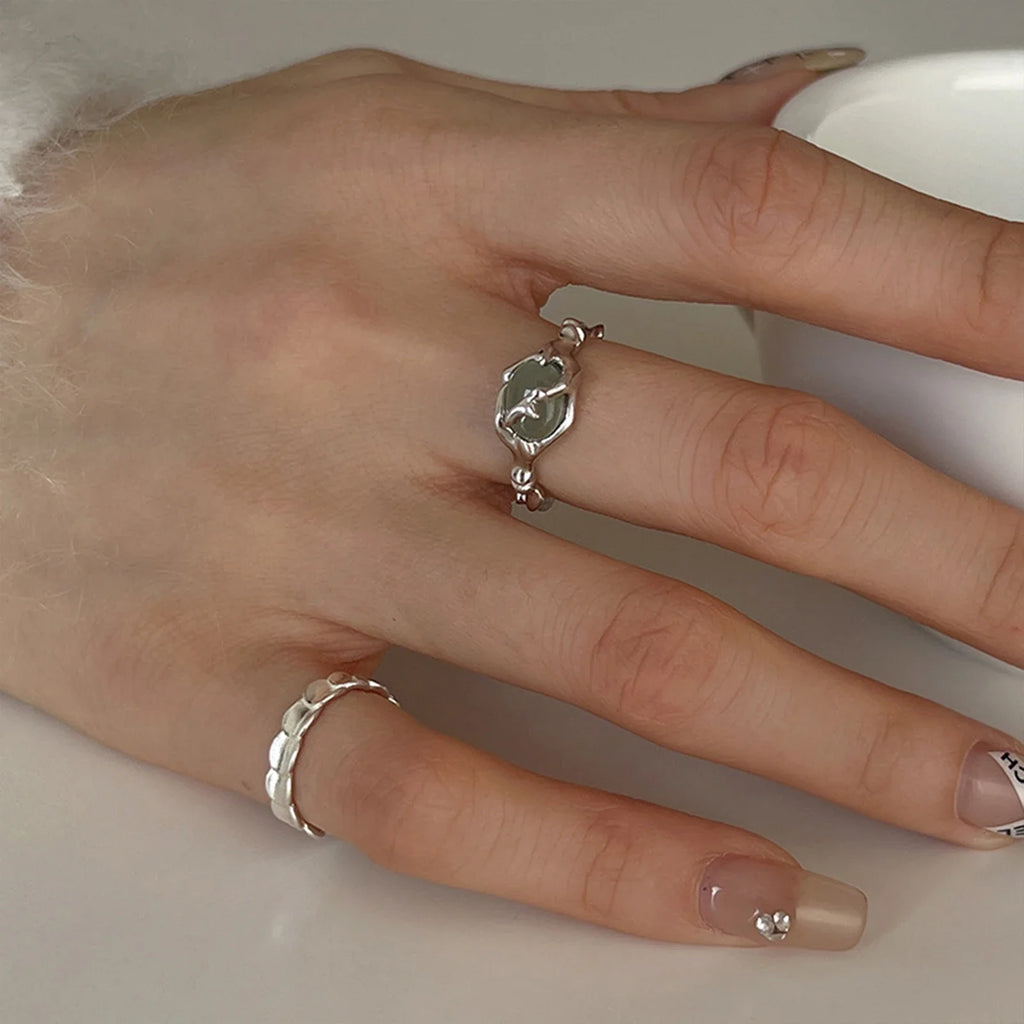 925 Sterling Silver plated Liquid Lava Hetian Jade Bamboo Ring for Women Girl Gift Irregular Vintage Jewelry