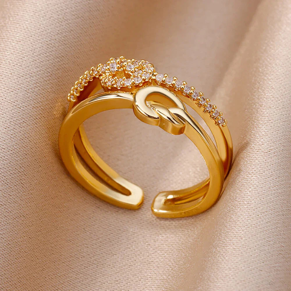 Zircon Chain Cross Rings For Women Vintage Gold Color Stainless Steel Geometric Open Ring Fashion Wedding Aesthetic Jewelry Gift