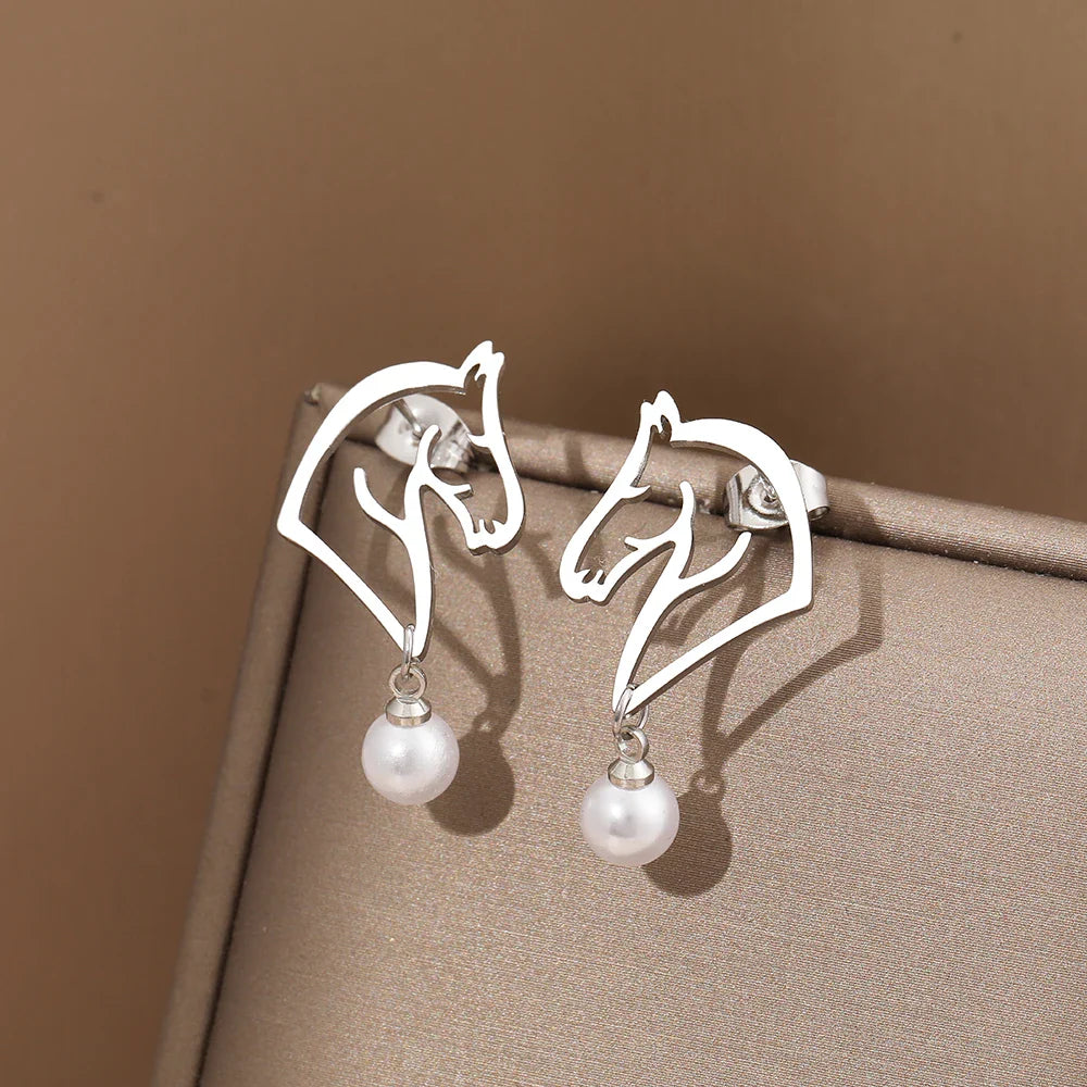 Stainless Steel Earrings 2022 Trend Exquisite Line Horse Design Pearl Charms Pendants Earrings For Women Jewelry Party Gifts NEW